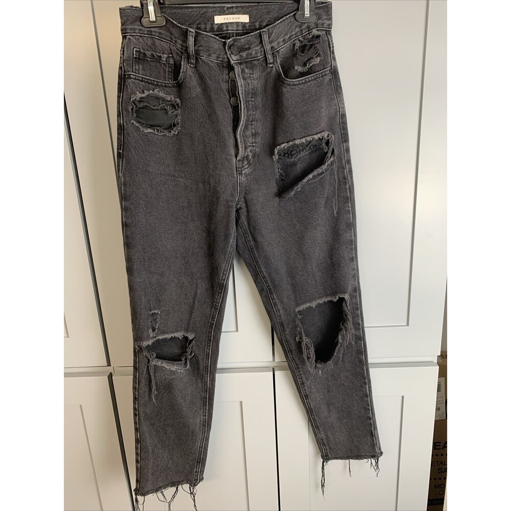 PacSun Ultra High Rise‎ Slim Distressed Jeans Washed Black Button Fly Size 27